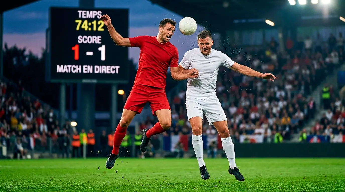 Action de match de football, contact aérien entre deux joueurs sur la pelouse