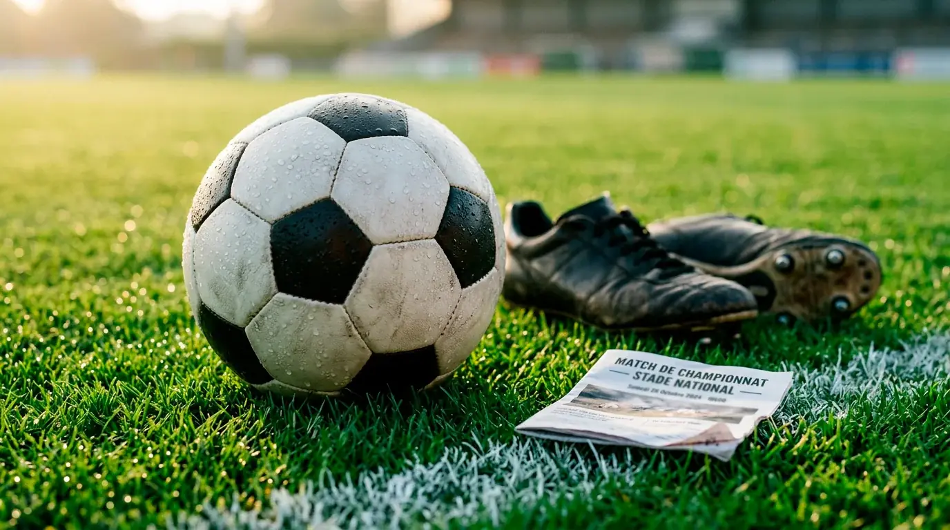 Ballon de football officiel et crampons posés sur la pelouse d'un terrain