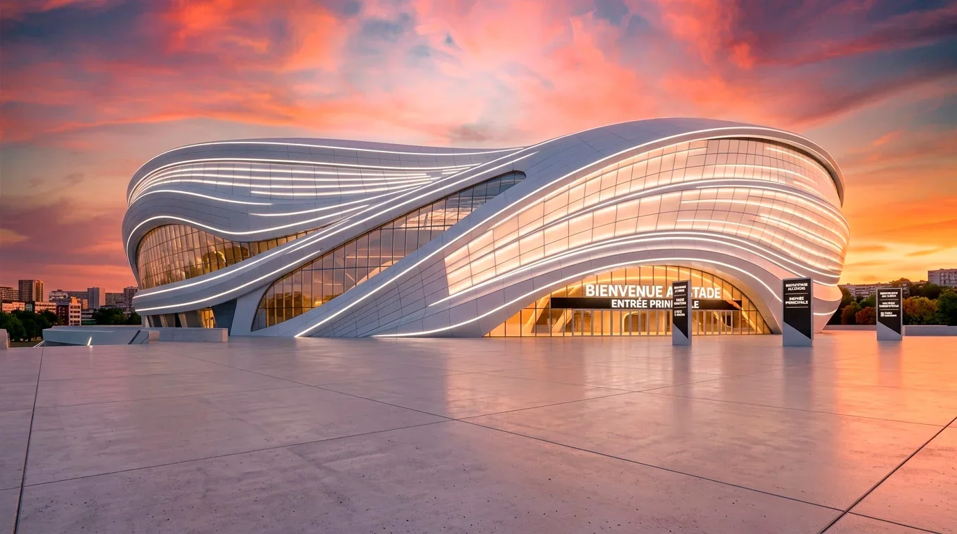 Vue extérieure d'un grand stade moderne nord-américain au coucher du soleil