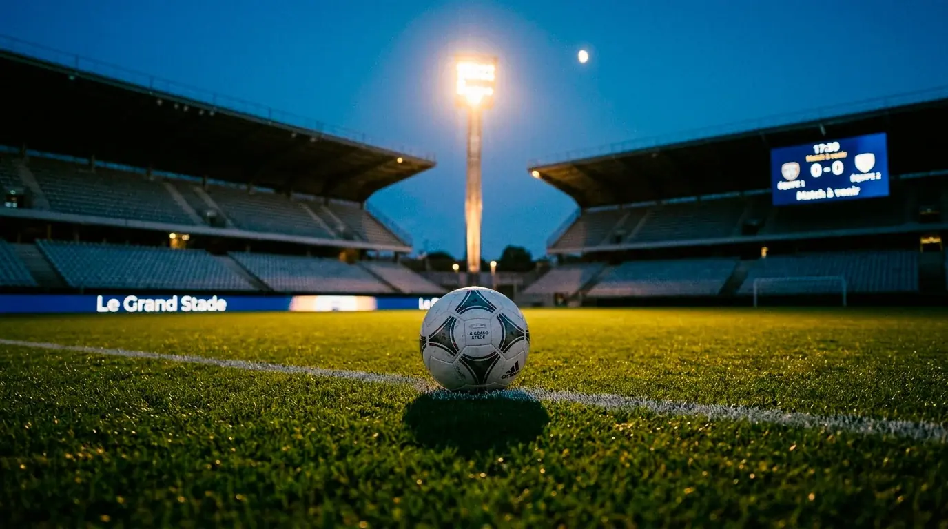 Ballon de football sur la ligne médiane d'un stade au crépuscule