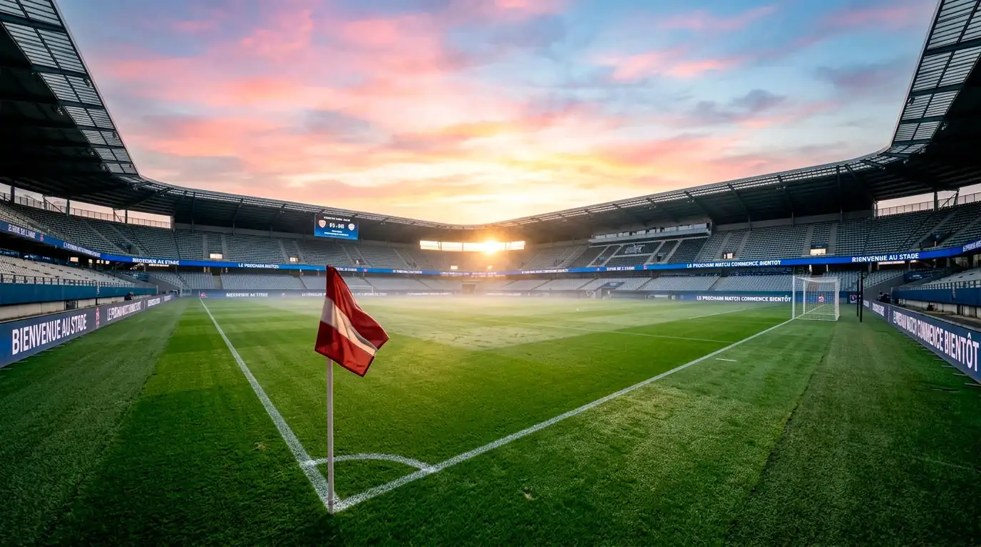 Vue large d'un terrain de football vide au lever du soleil avant un match international