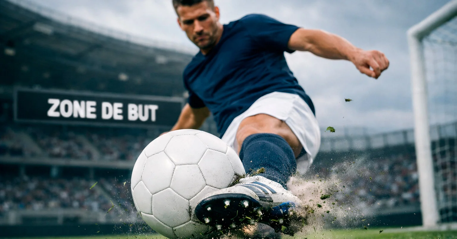 Attaquant frappant au but lors d'un match de Coupe du Monde