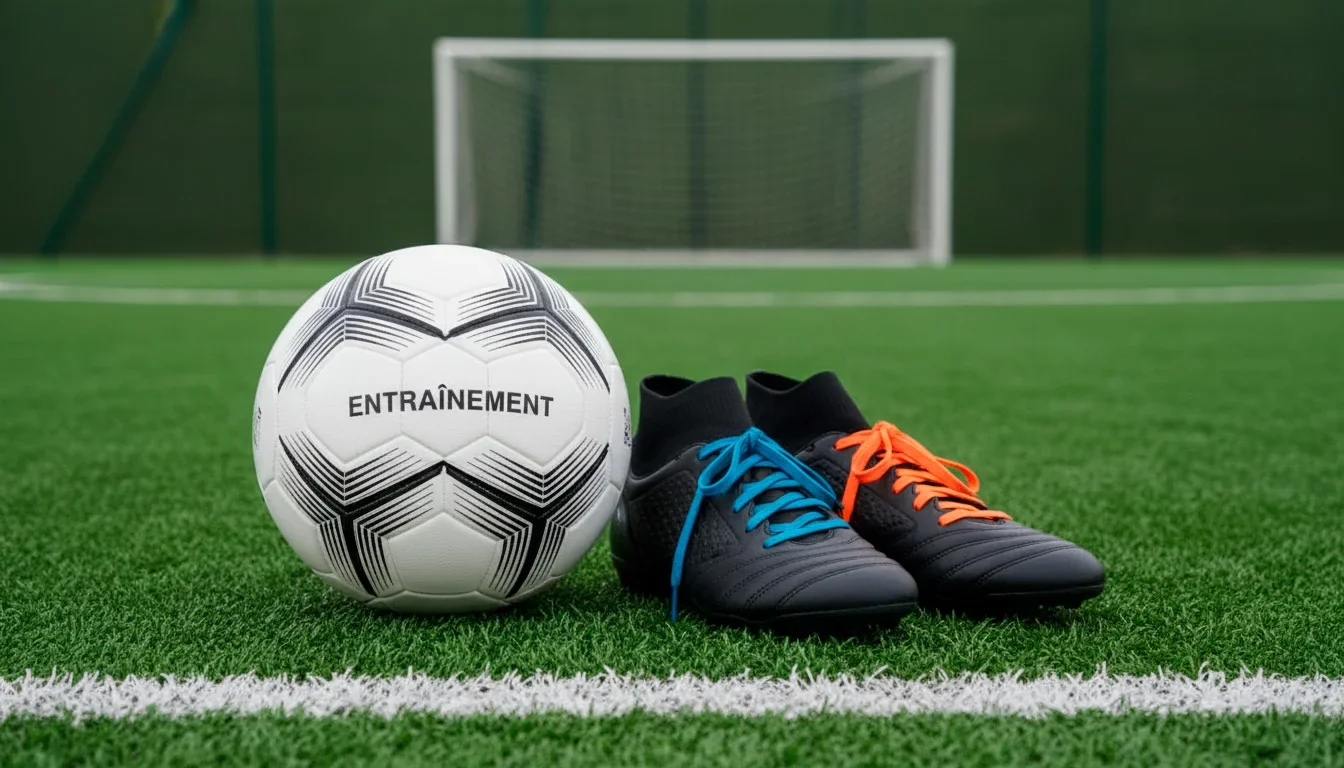 Ballon de football et chaussures à crampons posés sur l'herbe d'un terrain d'entraînement