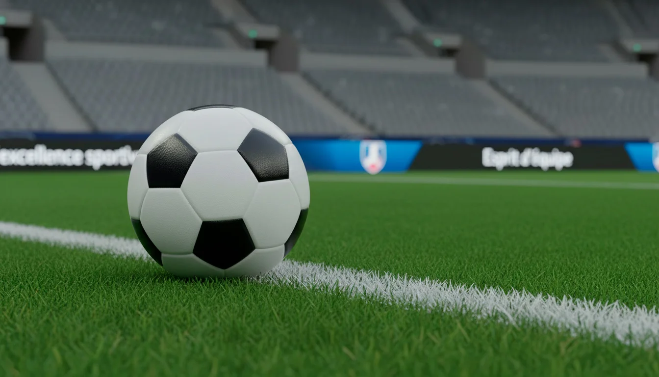 Ballon de football officiel posé sur la pelouse près de la ligne de touche d'un stade