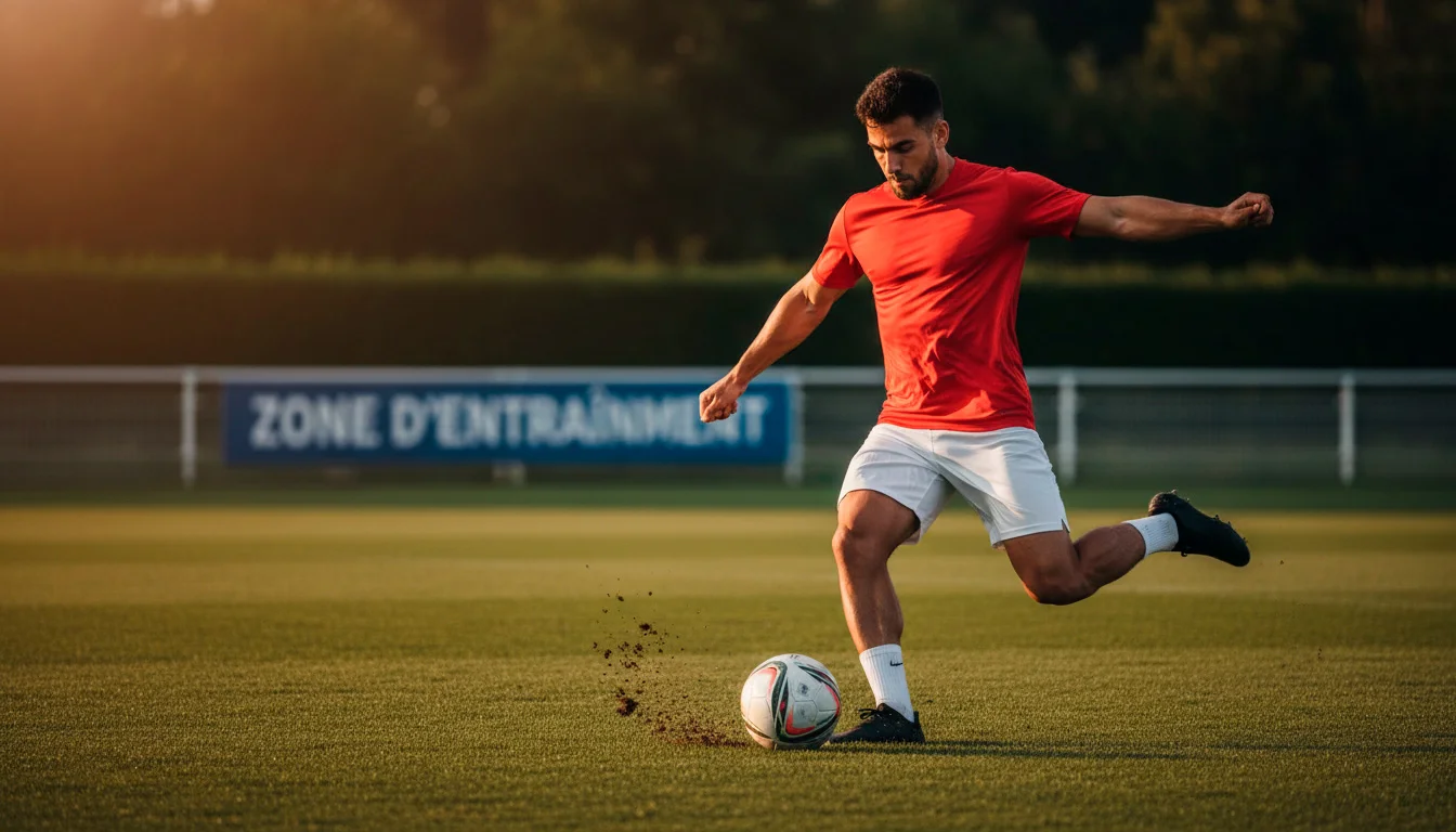 Joueur de football en maillot rouge frappant un ballon sur un terrain d'entraînement