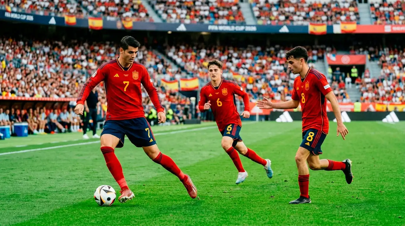 Sélection espagnole de football en mouvement pendant un match du Mondial 2026