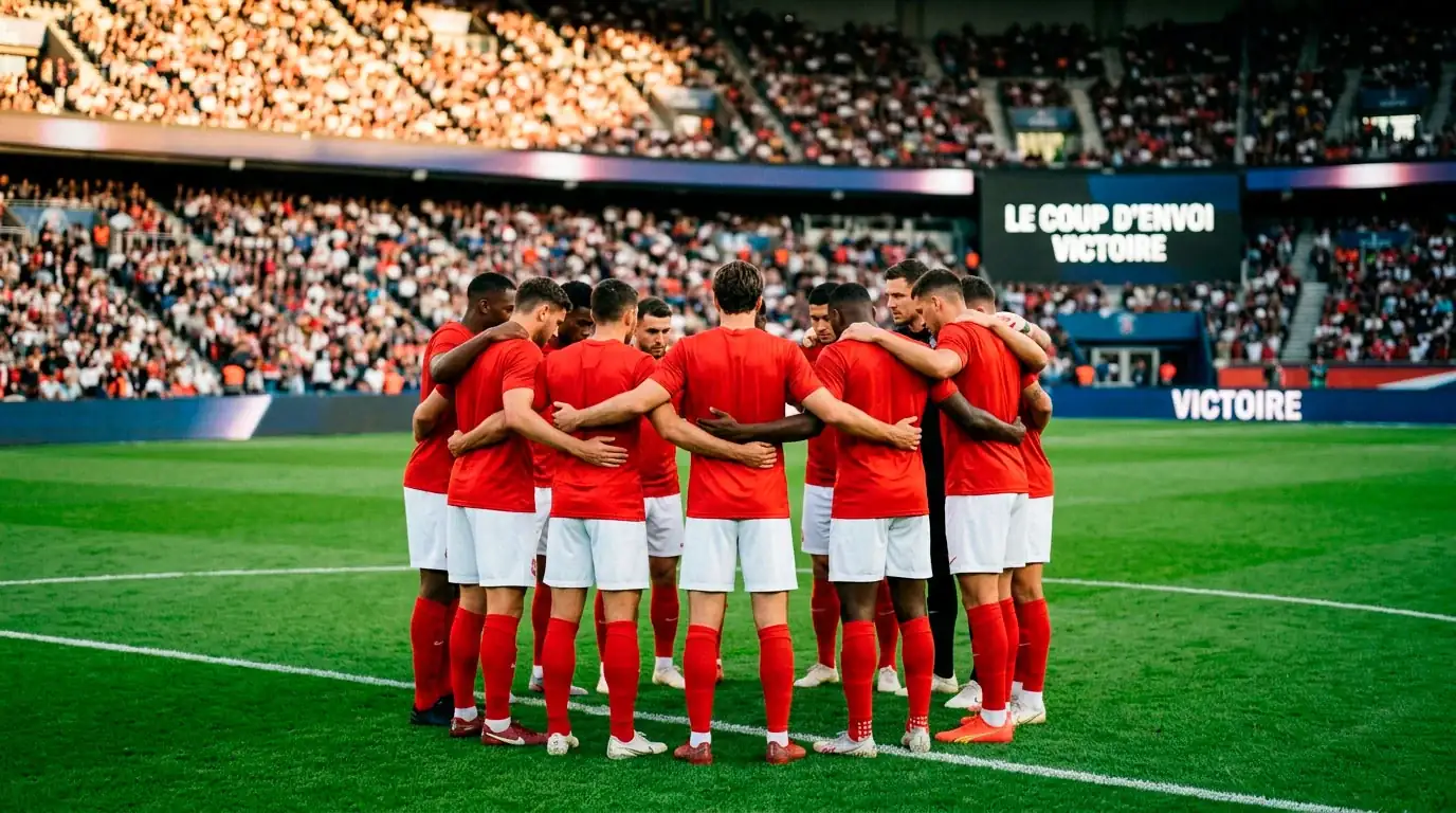 Joueurs de football en cercle sur la pelouse avant le coup d'envoi d'un match international