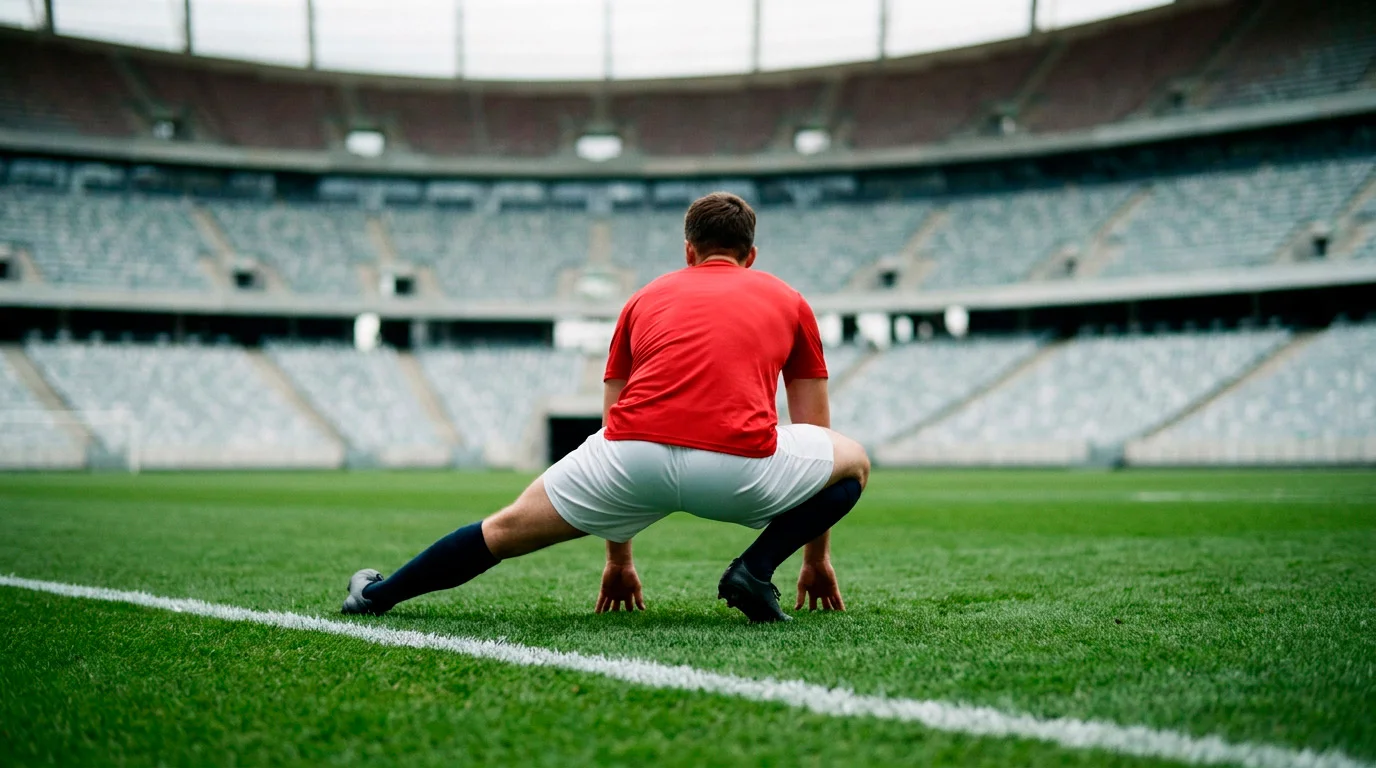 Joueur en maillot rouge de football s'échauffant seul sur la pelouse d'un stade