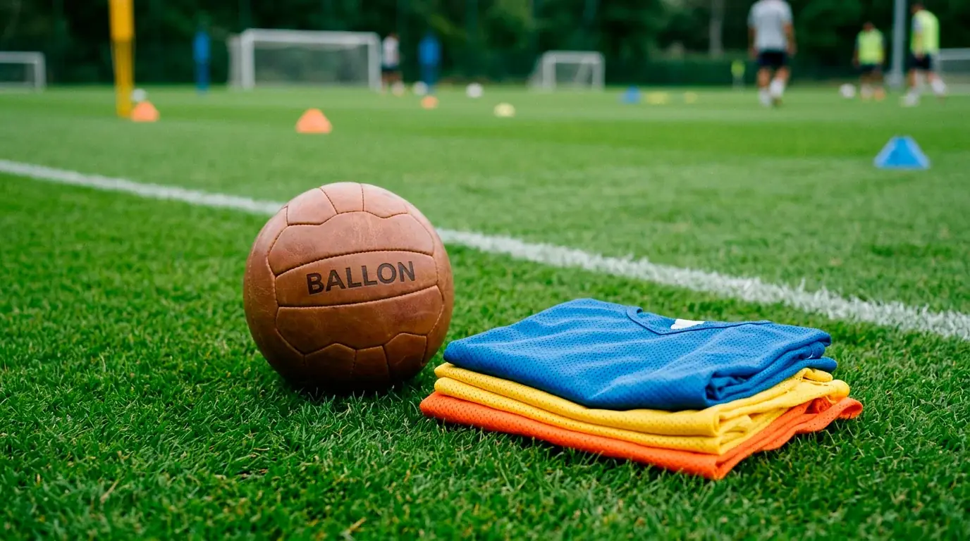 Ballon de football et chasubles d'entraînement empilées sur la pelouse d'un terrain d'entraînement