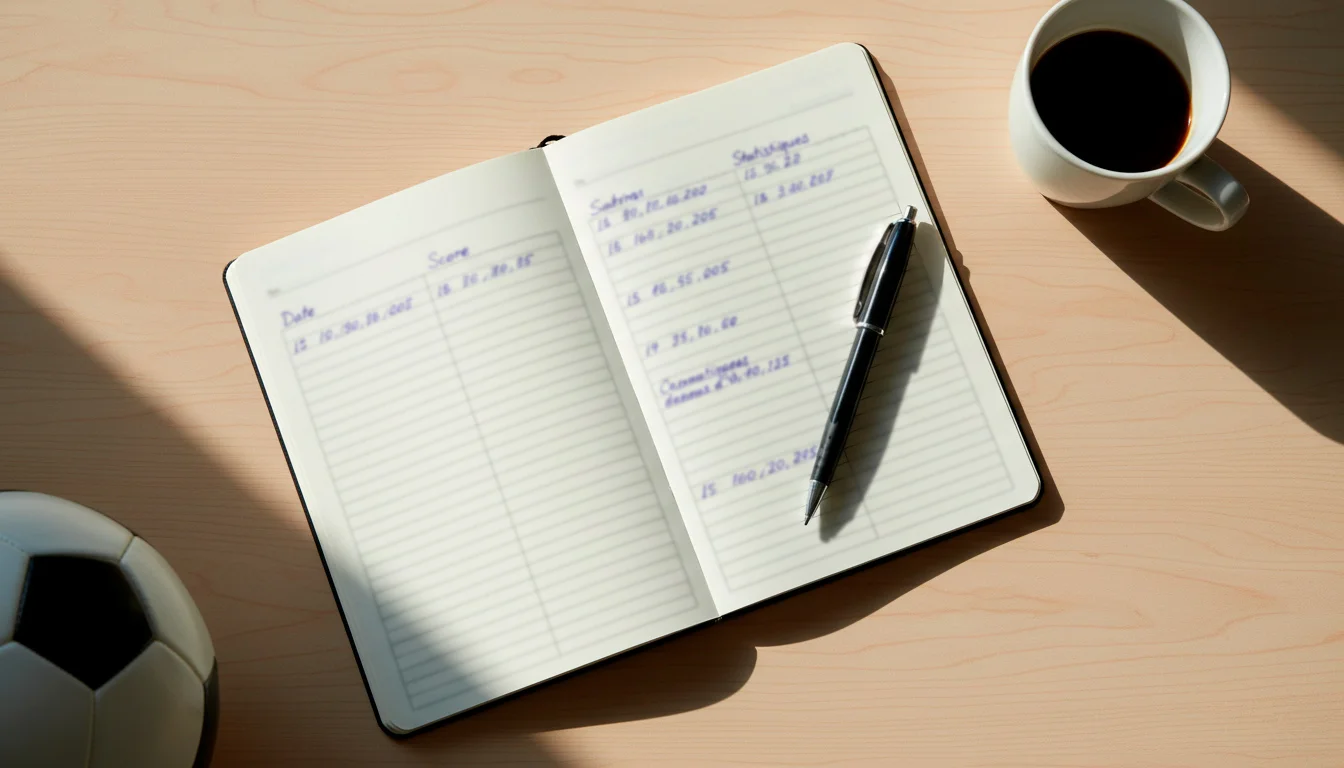 Carnet de notes ouvert à côté d'un ballon de football sur un bureau en bois