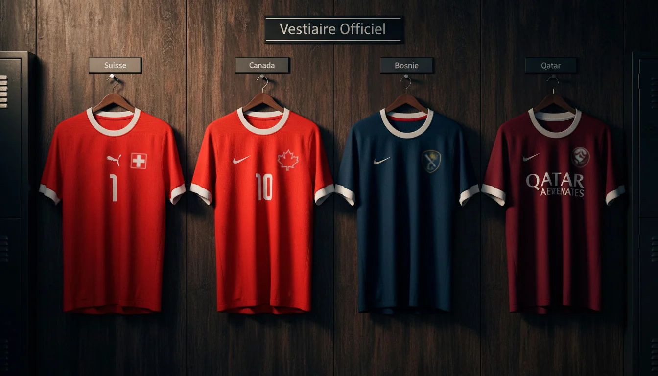 Drapeaux des quatre équipes du Groupe B du Mondial 2026: Suisse, Canada, Bosnie-Herzégovine, Qatar