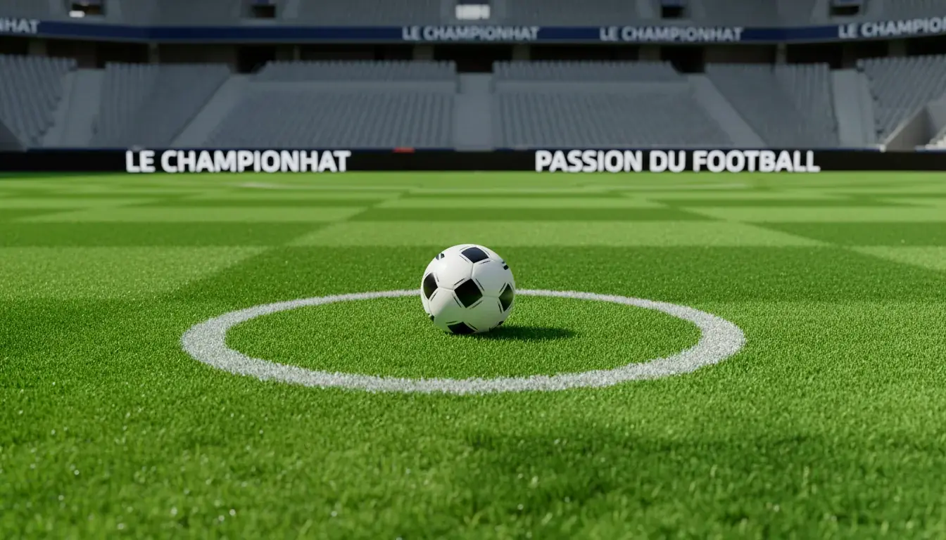 Ballon de football posé au centre du rond central d'un terrain vide