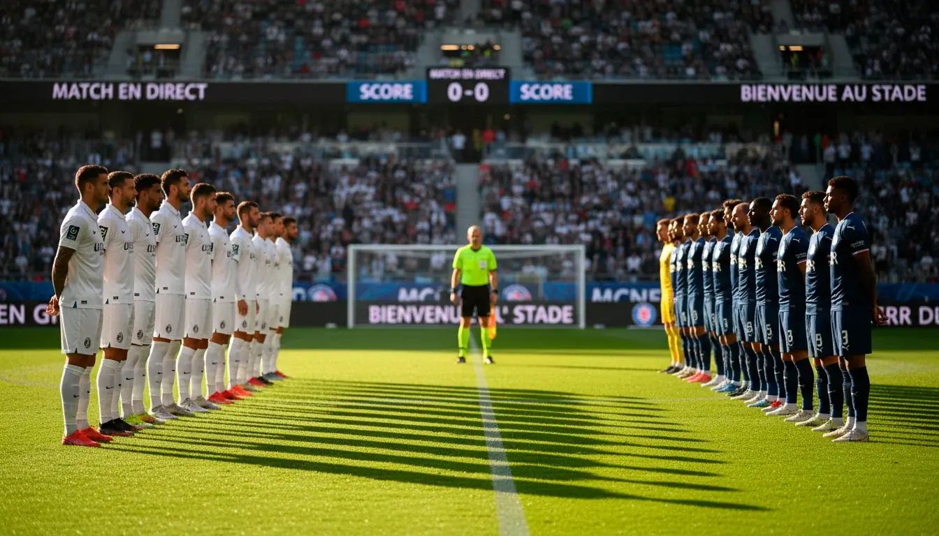 Deux équipes de football alignées face à face sur la pelouse avant le coup d'envoi