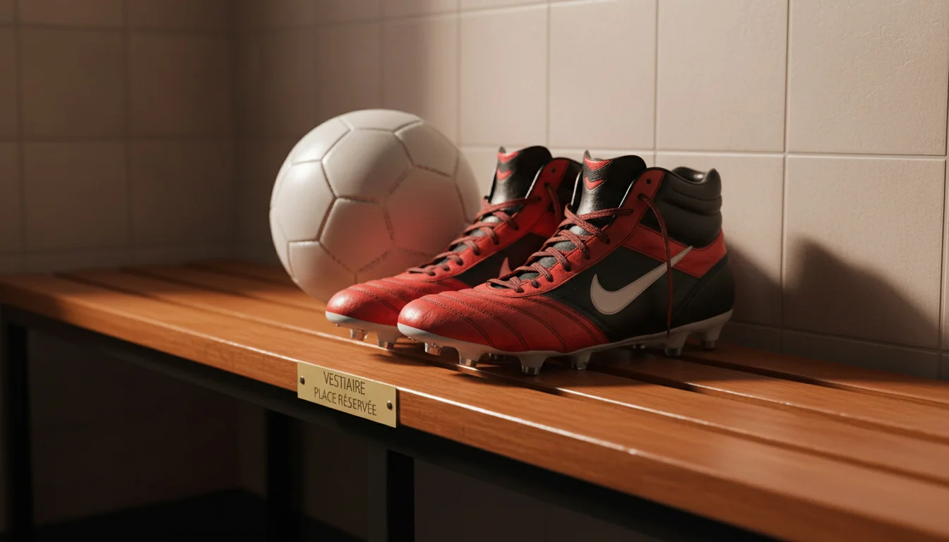Paire de crampons de football et un ballon posés sur un banc de vestiaire en bois