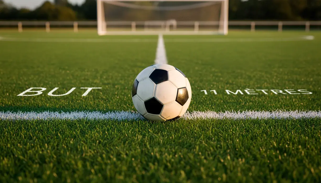 Gros plan d'un ballon de football posé au point de penalty sur la pelouse d'un stade