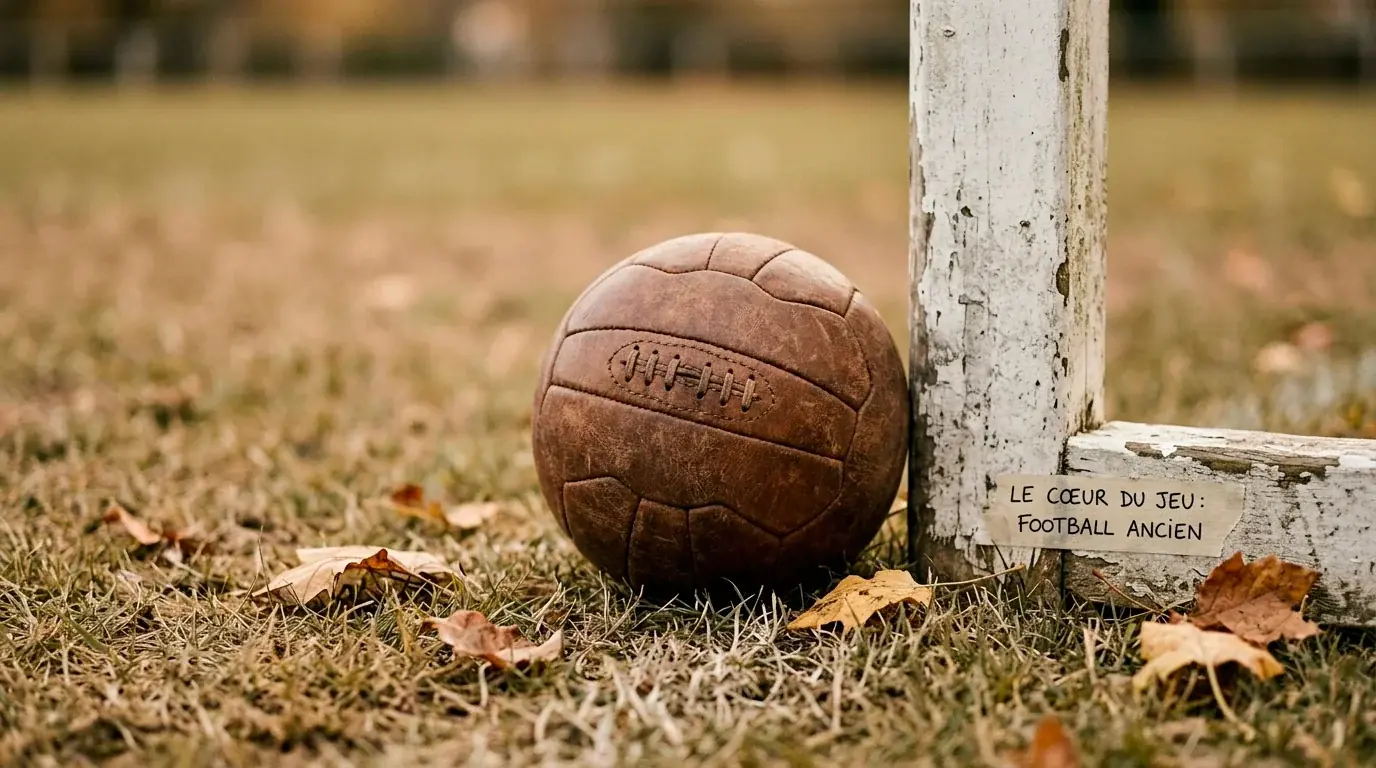 Vieux ballon de football en cuir posé sur une pelouse rappelant les années des premiers Mondiaux