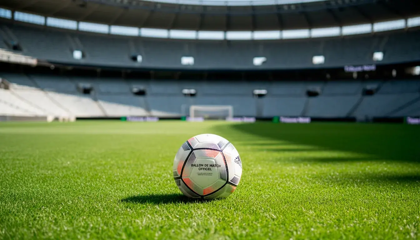 Ballon de football sur la pelouse d'un stade avec les tribunes floues en arrière-plan
