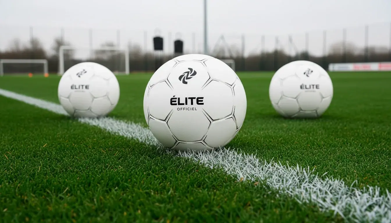 Trois ballons de football alignés sur la ligne médiane d'un terrain d'entraînement