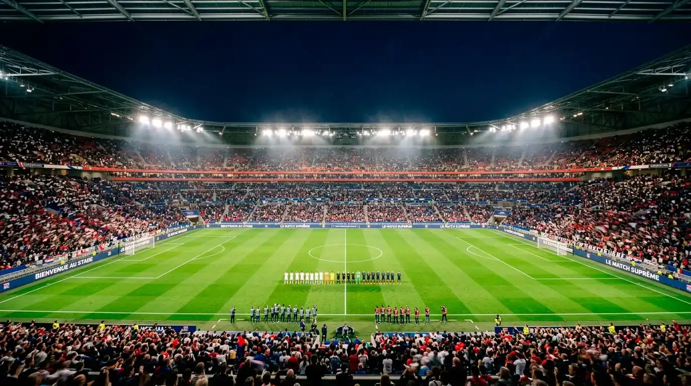 Stade de football illuminé la nuit avec supporters dans les tribunes