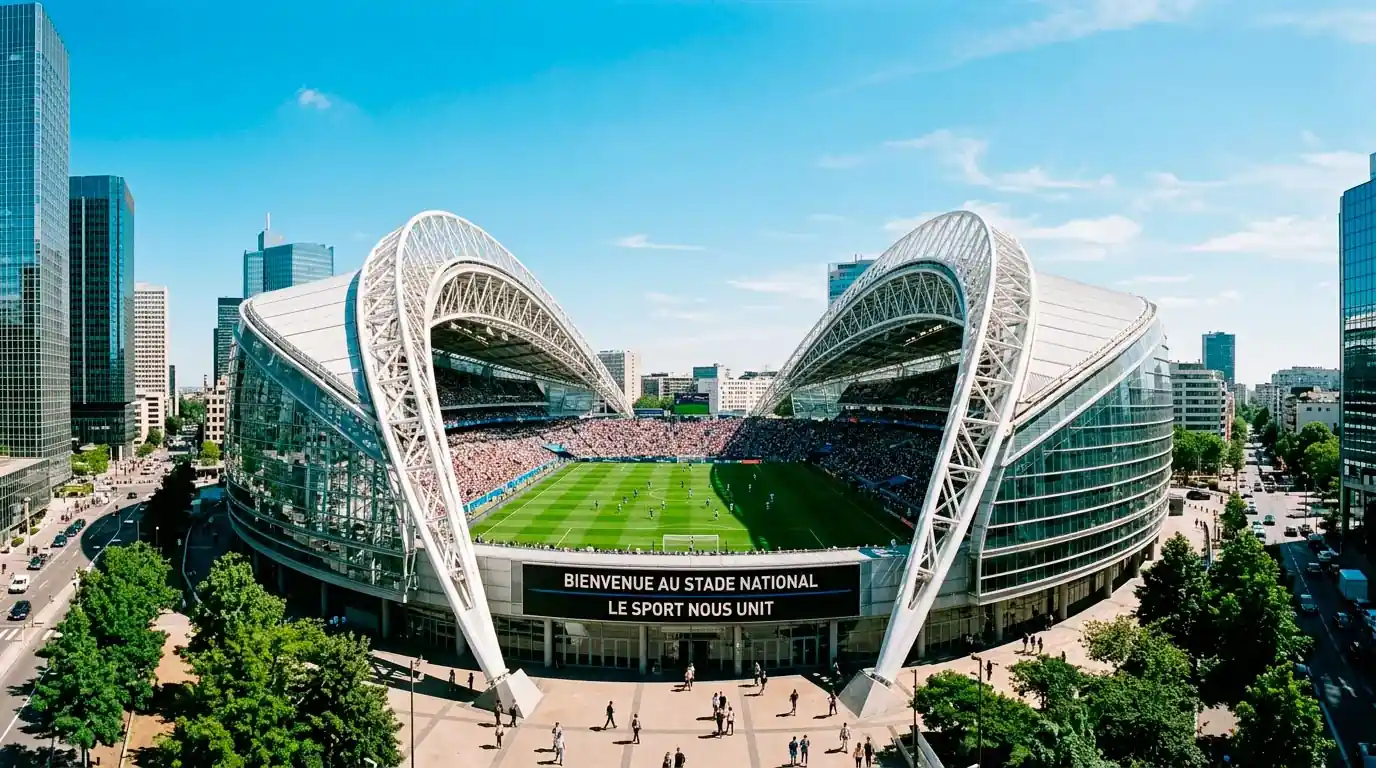 Extérieur d'un stade moderne à toit rétractable ouvert sous le ciel d'une ville