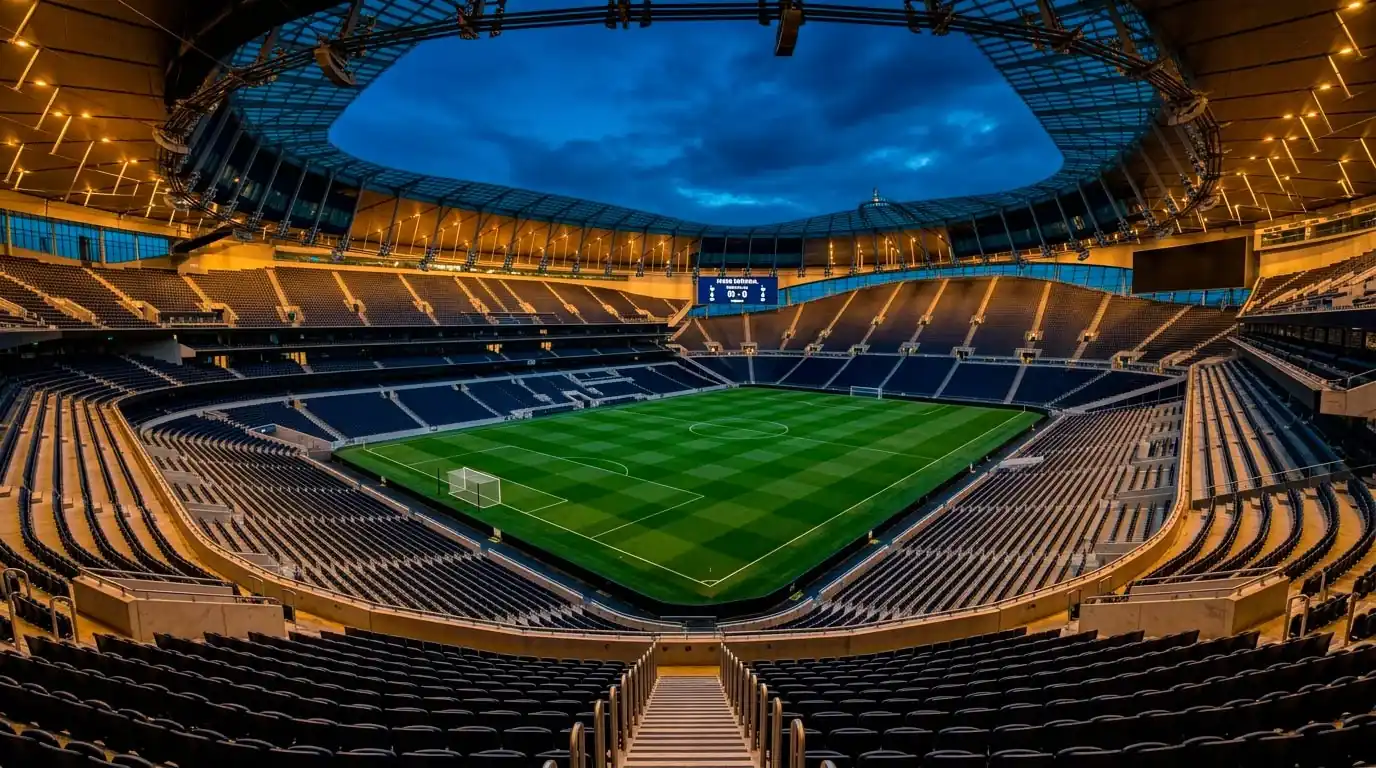 Vue panoramique d'un grand stade de football nord-américain au crépuscule