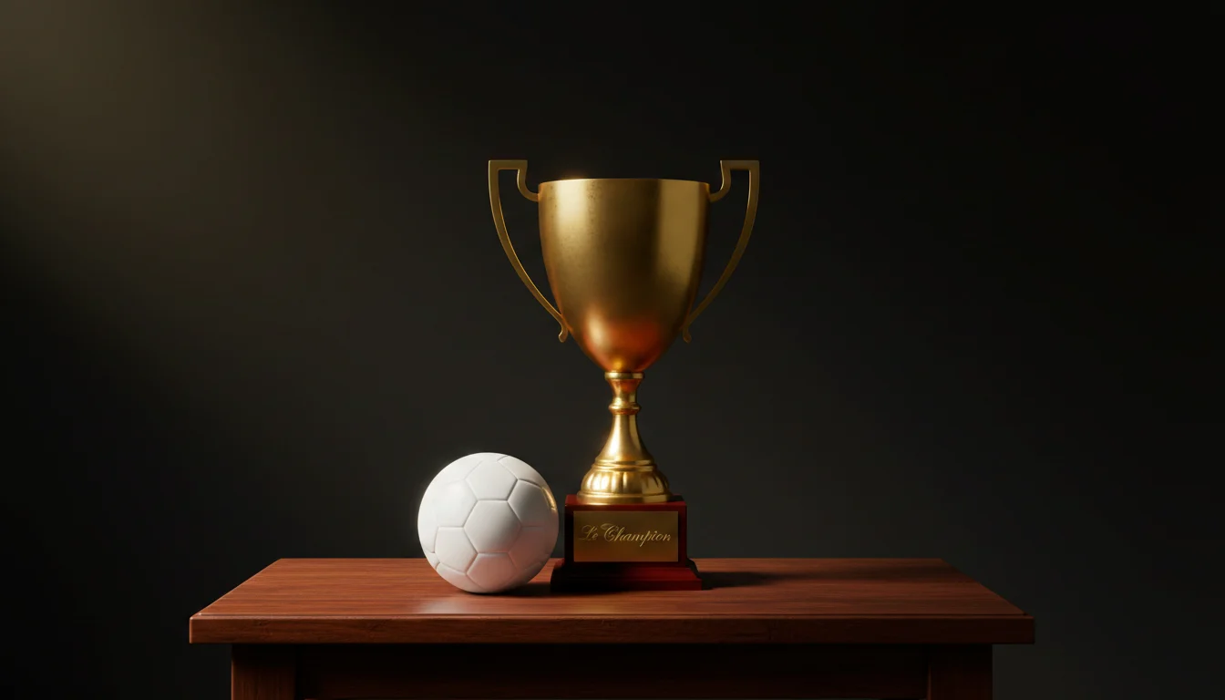 Trophée de football posé sur une table avec un tableau de statistiques en arrière-plan